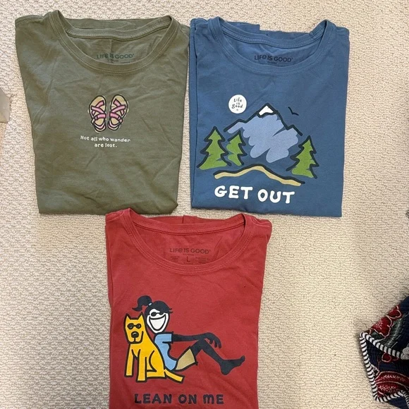 Life Is Good (set of 3 ) Large Short-Sleeve Graphic Tees - Olive, Blue, Red - Picture 1 of 4